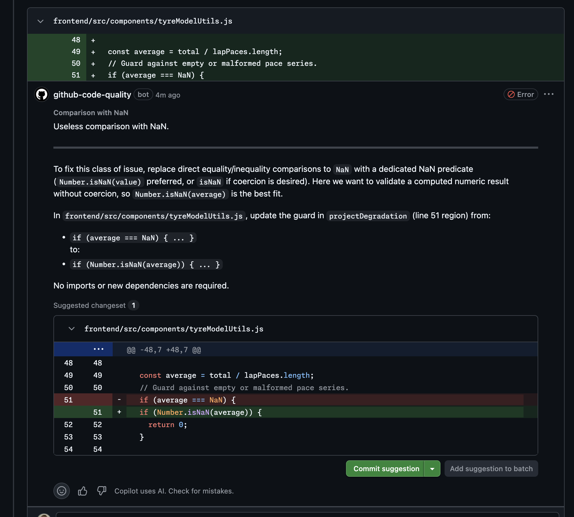 GitHub Code Quality 在 PR 中标记 NaN 比较并给出修复建议