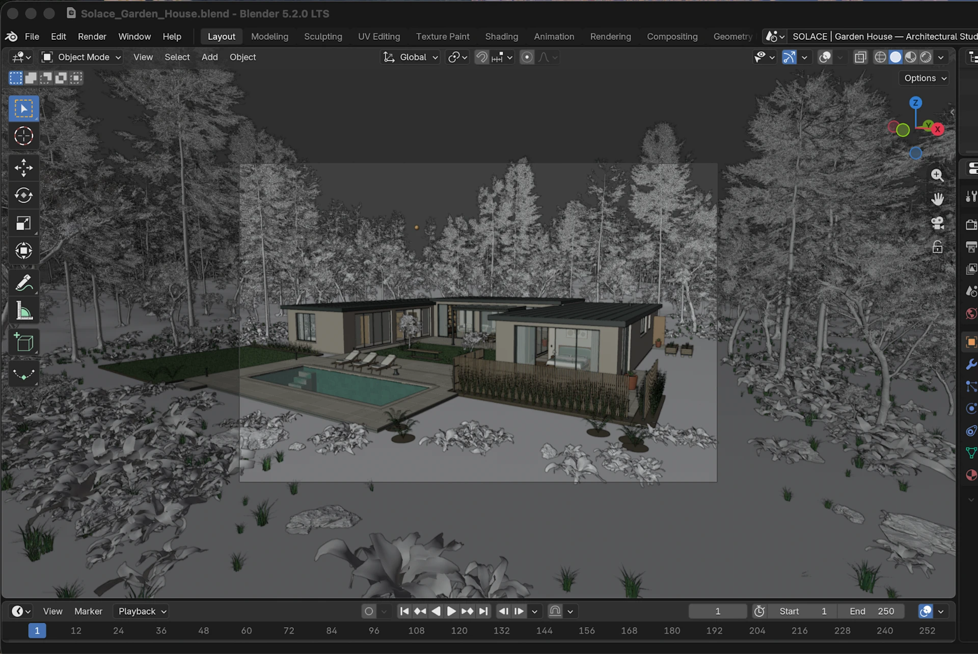 Solace Garden House 在 Blender 编辑器中的房屋、庭院、泳池和树木